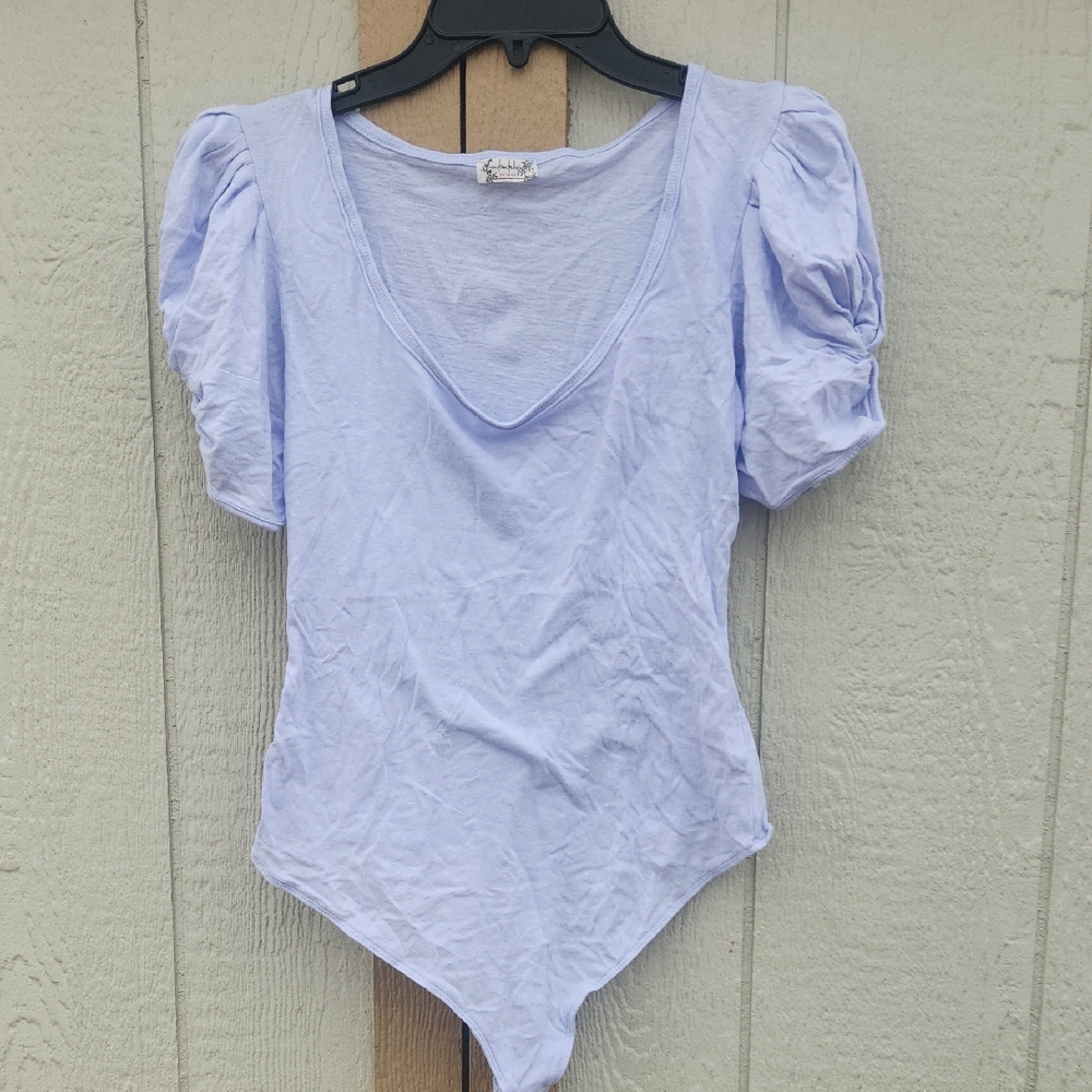 Free People Puff Sleeve Cotton Stretch Bodysuit Basic Boho Ecocore Medium Pastel